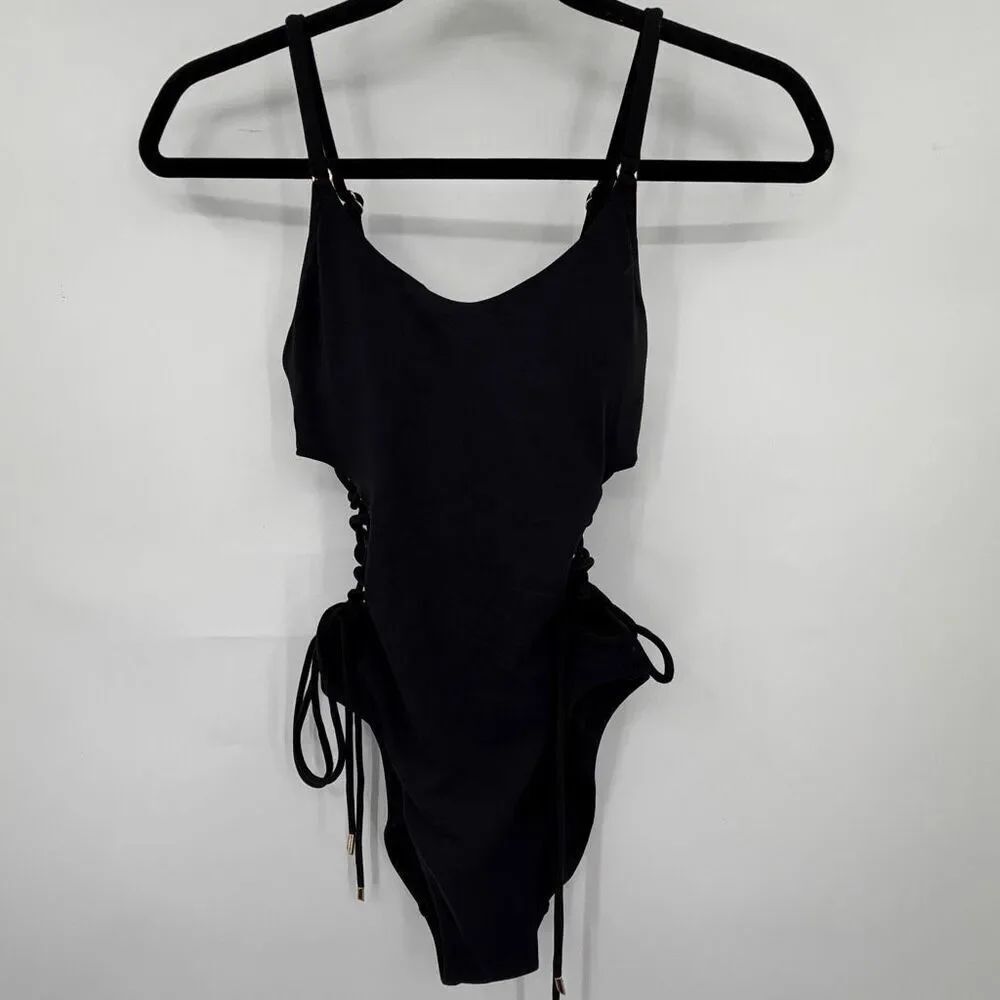 Robin Piccone Black Aubrey Scoop Neck Lace-up One-Piece Swimsuit Size 2